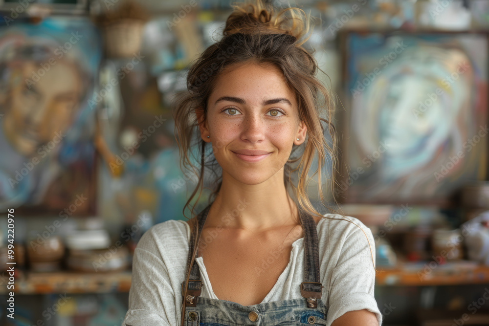 A joyful young artist stands confidently in her workshop studio, surrounded by a variety of portrait backgrounds, showcasing her vibrant and creative environment as she poses with a smile. A joyful young artist stands confidently in her workshop studio, surrounded by a variety of portrait backgrounds, showcasing her vibrant and creative environment as she poses with a smile.