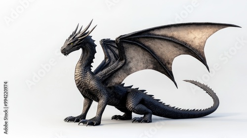 Fantasy dragon depicted in a 3D illustration set against a plain white background photo