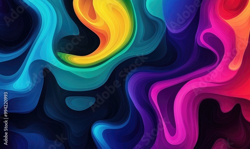 Vibrant rainbow hues on a dark backdrop featuring 2D cartoon waves and swirls ideal for use in presentations app wallpapers banners or posters