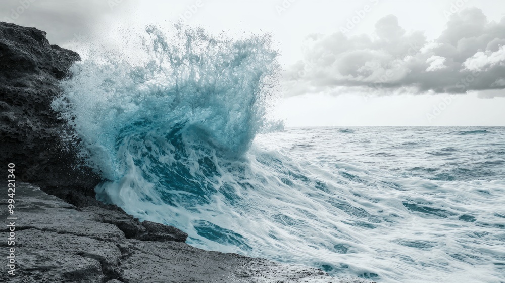 Vibrant Blue Ocean Wave Crashing Against Gray Rock in Monochrome Scene Vibrant Blue Ocean Wave Crashing Against Gray Rock in Monochrome Scene