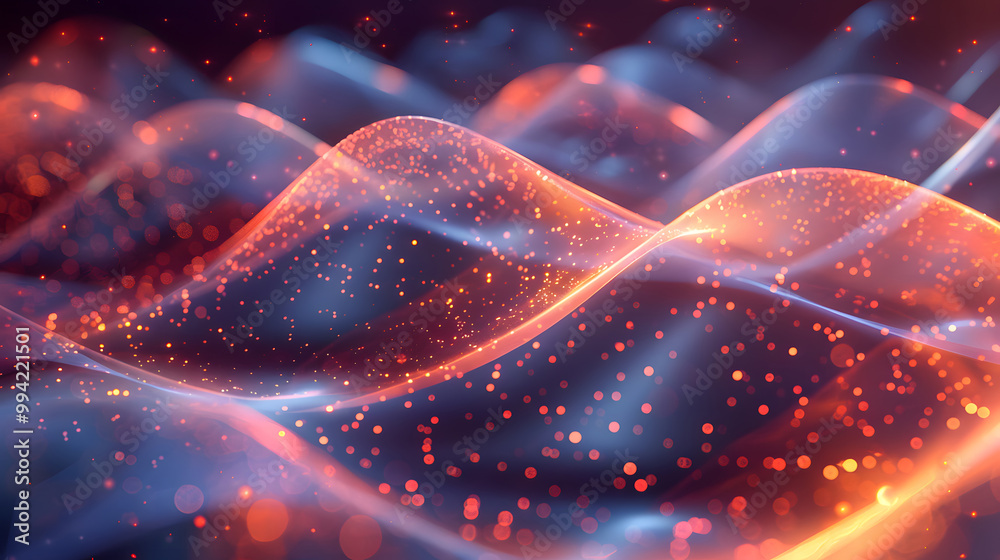 Fototapeta premium Abstract flowing waves of light with glowing red and orange particles, creating a dynamic and futuristic visual of motion and energy