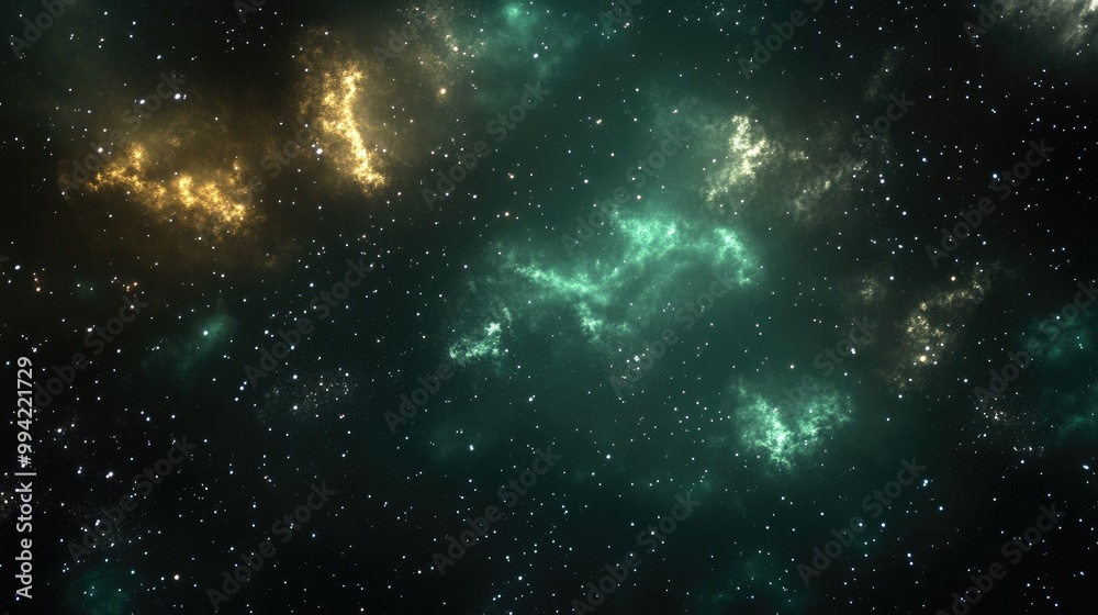 Fototapeta premium Realistic starry night sky featuring a green and brown glow with bright stars set against a dark galaxy backdrop 2D cartoon illustration