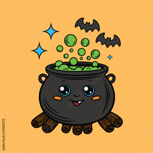 A Cute Witch Cauldron with Happy Face, Magical Water Boiling, and Bubble Comes Up Illustration. Halloween Festival.