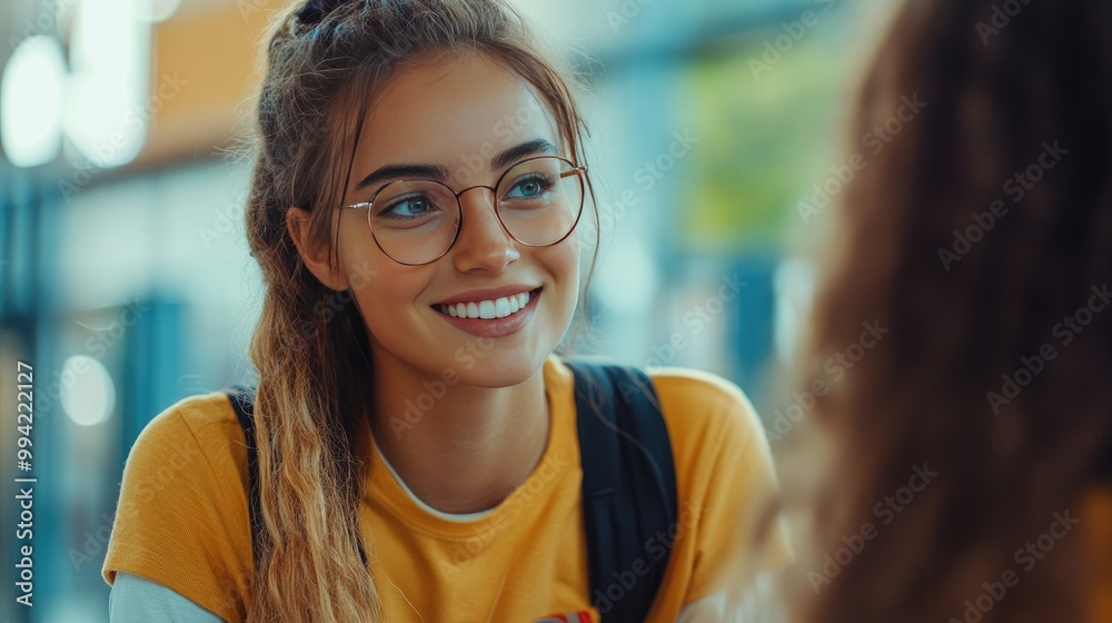 Young woman high school counselor talking to a student