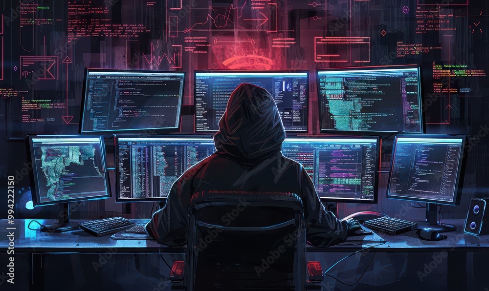 Hooded figure hacking multiple computers in a dark room filled with code screens. Hooded figure hacking multiple computers in a dark room filled with code screens.