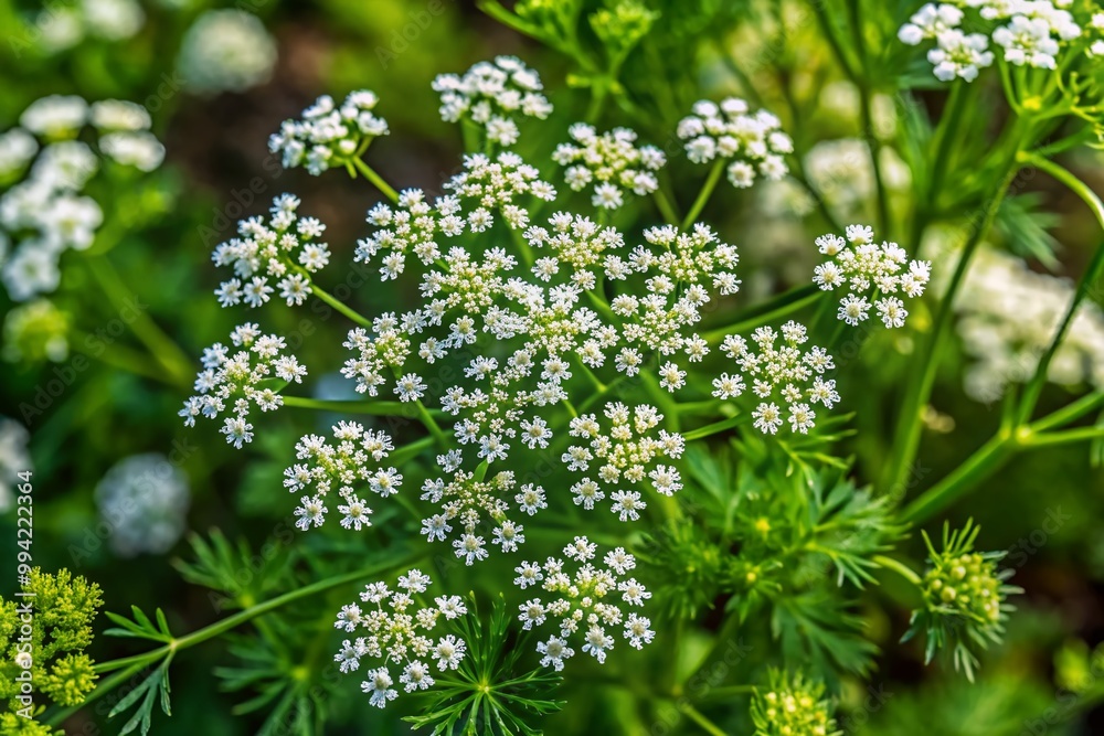 Fresh Caraway Seeds Plant with Green Leaves and Delicate White Flowers Growing in the Garden Fresh Caraway Seeds Plant with Green Leaves and Delicate White Flowers Growing in the Garden