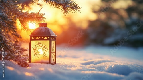 Christmas lantern glowing in the snow with sunset in the background
