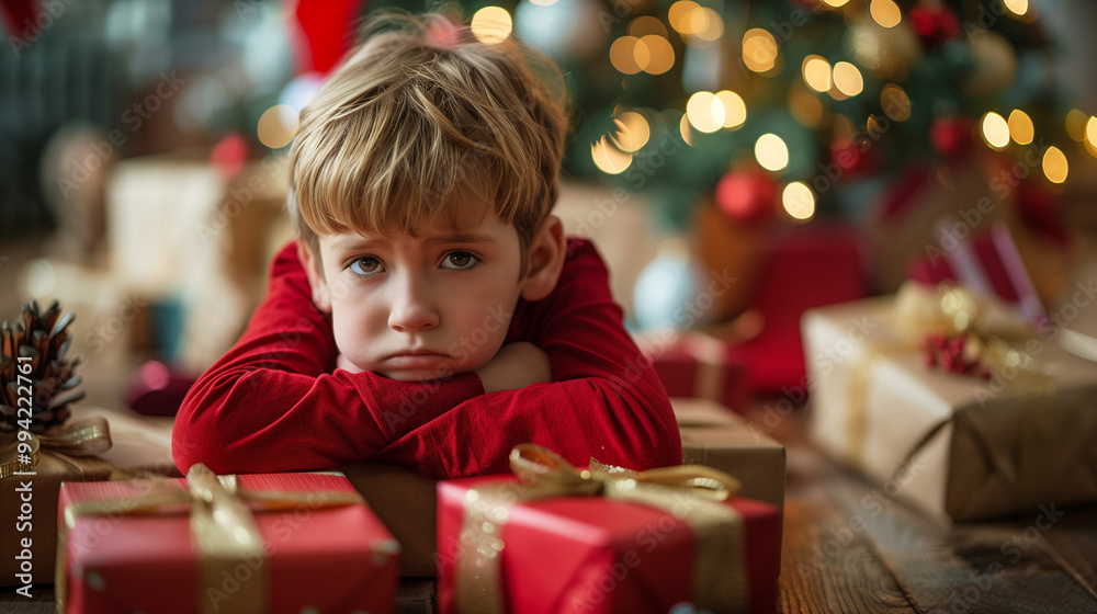 Sad Boy in red shirt sitting with Christmas gifts he didn’t want and crying. Undesirable or wrong gifts concept Sad Boy in red shirt sitting with Christmas gifts he didn’t want and crying. Undesirable or wrong gifts concept