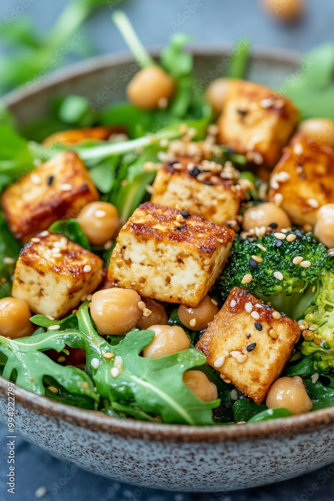 vibrant salad featuring roasted broccoli, crispy tofu cubes, chickpeas, and arugula vibrant salad featuring roasted broccoli, crispy tofu cubes, chickpeas, and arugula