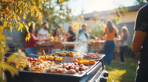 Outdoor gathering with people having a meal in autumn setting