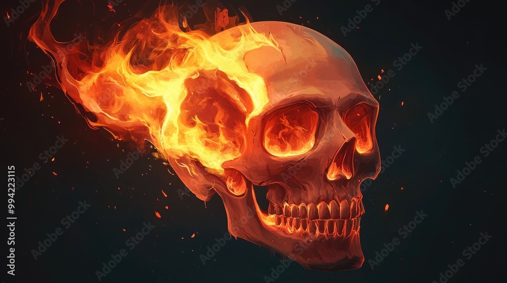 A striking and moody 2D cartoon illustration of a flaming skull conveying themes of mystery and danger ideal for dark fantasy book covers and game design A striking and moody 2D cartoon illustration of a flaming skull conveying themes of mystery and danger ideal for dark fantasy book covers and game design