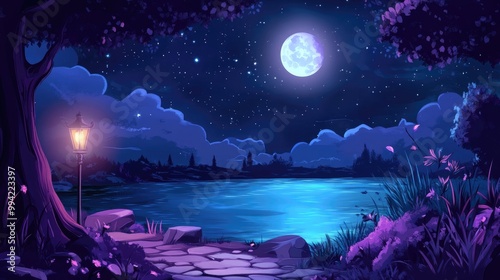 Cartoon Fantasy Night Scene Illustration Template photo