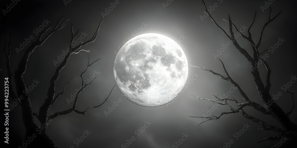 Naklejka premium A bright full moon illuminates the dark sky with silhouetted trees.