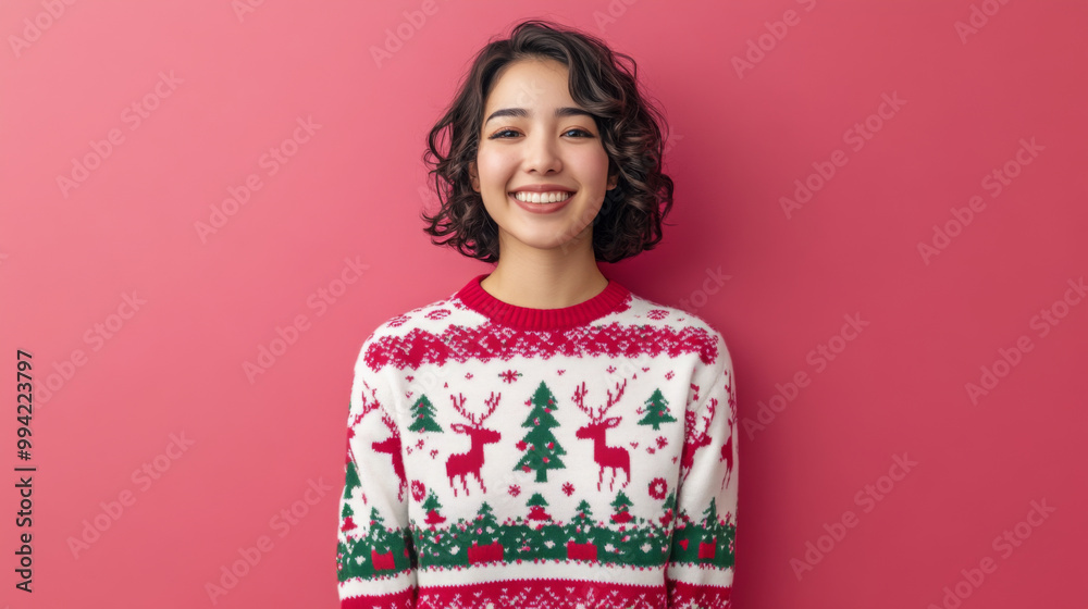 Smiling young woman in christmas sweater against red background Smiling young woman in christmas sweater against red background