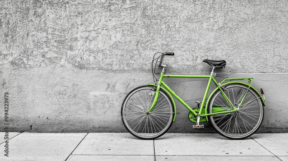Vibrant Green Bicycle Pop Against Gray Sidewalk Monochrome Background