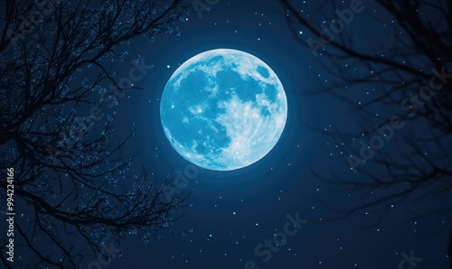 Full moon with a blue hue shining brightly in the winter night sky