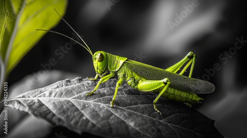 Vibrant Green Grasshopper Standing Out on Black and White Leaf