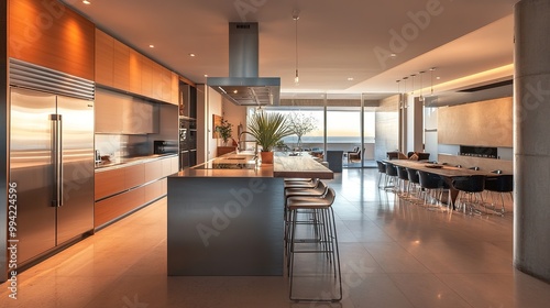 A modern kitchen with minimalist design, stainless steel appliances, and a central island with bar stools