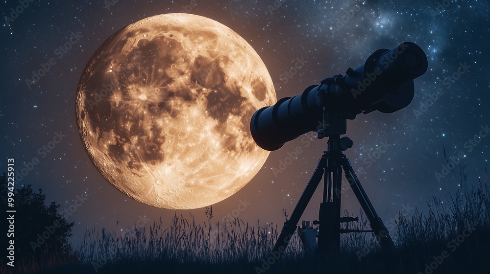 A stunning full moon view reveals its craters and mountains, illuminated under a starry sky. A stunning full moon view reveals its craters and mountains, illuminated under a starry sky.