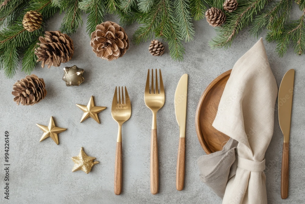 Festive dining table setting with pine branches, gold cutlery, and star decorations
Festive dining table setting with pine branches, gold cutlery, and star decorations