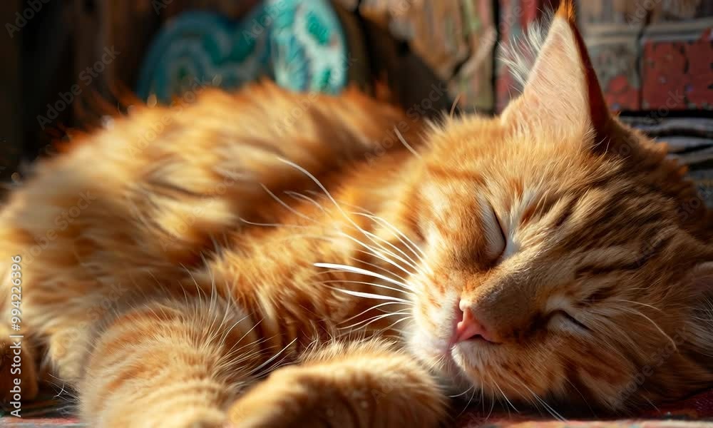Cozy barn cat blissfully napping in the afternoon sun on a colorful wooden bench Cozy barn cat blissfully napping in the afternoon sun on a colorful wooden bench