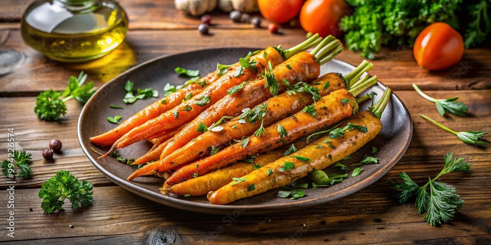 Freshly Roasted Carrots Glazed with Herbs and Olive Oil on a Rustic Wooden Table Background Freshly Roasted Carrots Glazed with Herbs and Olive Oil on a Rustic Wooden Table Background