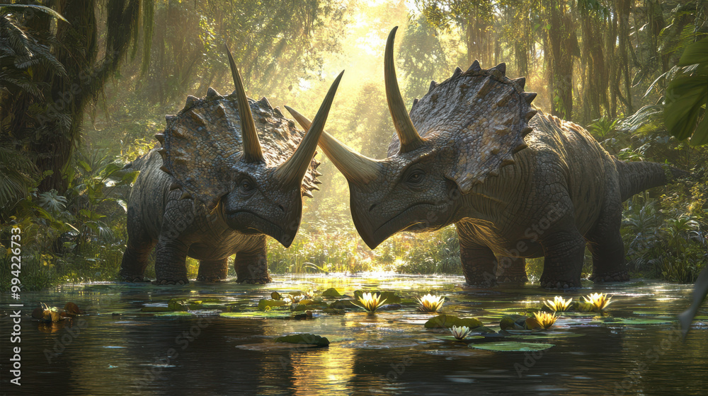 Fototapeta premium A pair of Triceratops engaging in a gentle encounter by a tranquil pond, with water lilies floating on the surface. The jungle surrounds them
