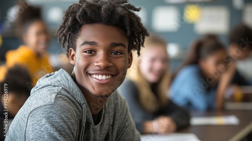 a high school student smiling in a classroom during a group project as classmates collaborate on schoolwork fostering teamwork and educational success in a learning environment