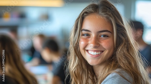 Wallpaper Mural a high school student smiling in a classroom during a group project as classmates collaborate on schoolwork fostering teamwork and educational success in a learning environment Torontodigital.ca