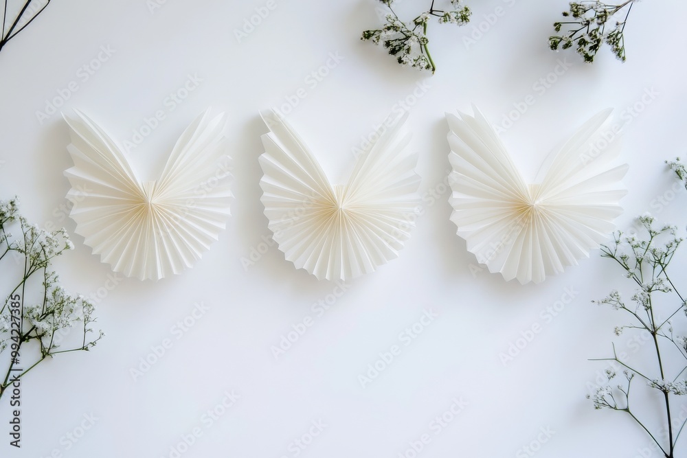 Obraz premium Minimalistic paper doves with flowers on white background, holiday decor 