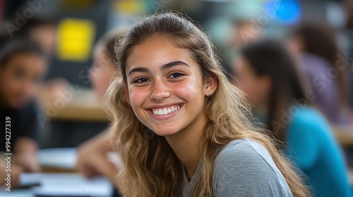 a high school student smiling in a classroom during a group project as classmates collaborate on schoolwork fostering teamwork and educational success in a learning environment