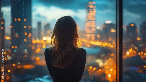 young woman in an apartment building looking out of her window at the city skyline with glass reflections and the vast cityscape with tall buildings in the distance