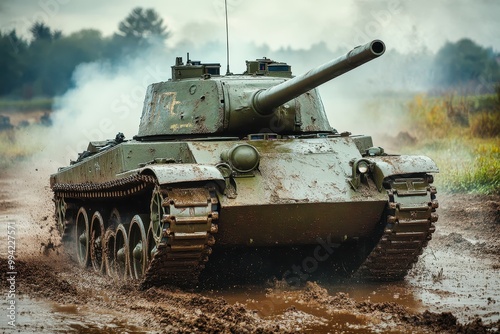 Powerful military tank driving through mud with smoke in background