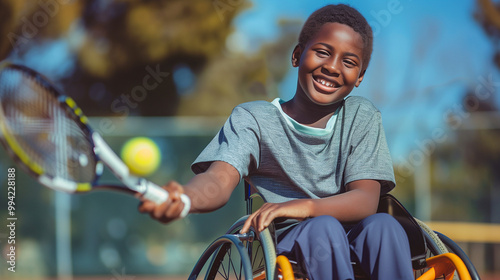 Young black smiling child smiling sitting in a wheelchair. Disabled boy holding a tennis racket hitting a ball. Disability in competitive sport. Diversity and inclusion in sport representation.	