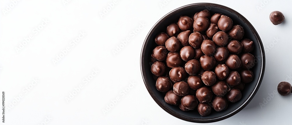 Delicious chocolate balls in a black bowl on a white background, perfect for snacks or desserts, background with copy space Delicious chocolate balls in a black bowl on a white background, perfect for snacks or desserts, background with copy space