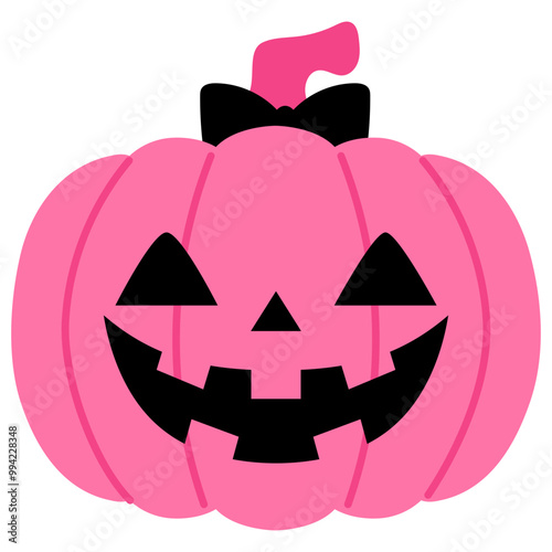 cute smiling happy face pink pumpkin craving and black bow illustration