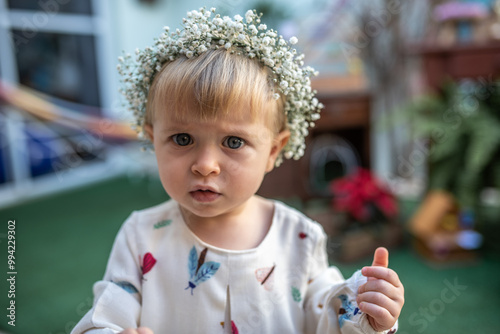 Criança loira com olhos azuis com uma tiara de flores e vestido com estampas photo