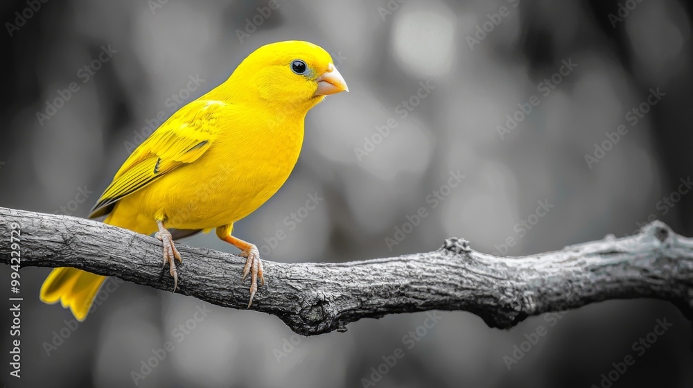 Bright Yellow Canary on Gray Branch - Stunning Contrast of Vivid Color on Monochrome Background Bright Yellow Canary on Gray Branch - Stunning Contrast of Vivid Color on Monochrome Background