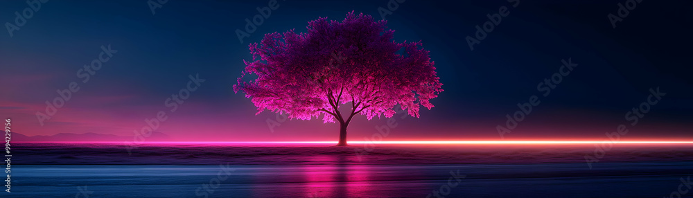 A Solitary Glowing Pink Tree Stands Tall in a Surreal Sunset Landscape A Solitary Glowing Pink Tree Stands Tall in a Surreal Sunset Landscape