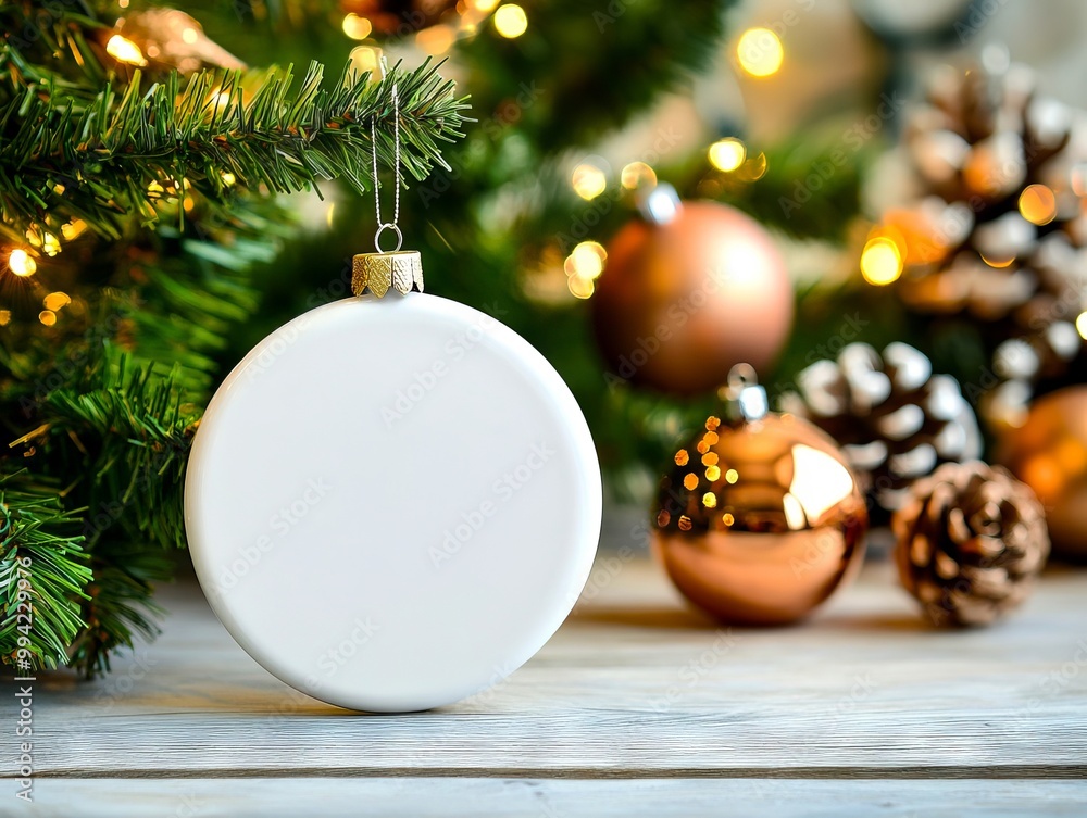 A white ornament hanging from a christmas tree with ornaments on it A white ornament hanging from a christmas tree with ornaments on it