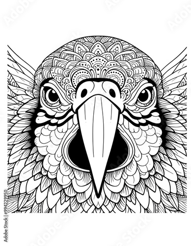 Coloring Page: Ornamental Bird Face Mandala.
