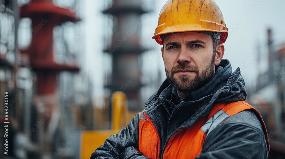 man in safety gear with hard hat supervising a tower construction project, emphasizing protection and compliance at the industrial site man in safety gear with hard hat supervising a tower construction project, emphasizing protection and compliance at the industrial site
