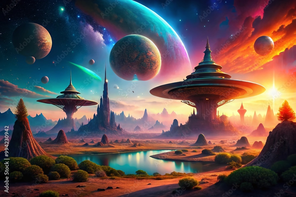 Futuristic landscape with alien structures and vibrant colors depicting a science fiction universe Futuristic landscape with alien structures and vibrant colors depicting a science fiction universe
