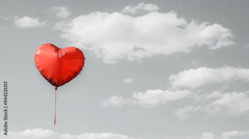 Fototapeta premium Vibrant Red Heart-Shaped Balloon Contrasting with Muted Gray Sky