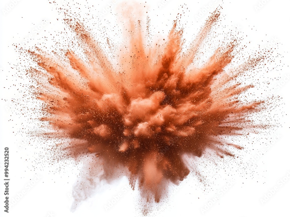 A bright orange explosion burst of Holi paint color powder on a white background. A print concept background with industrial print elements. A bright orange explosion burst of Holi paint color powder on a white background. A print concept background with industrial print elements.