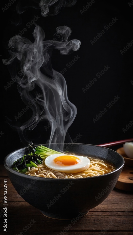 Dark broth ramen with egg yolk and broccoli Dark broth ramen with egg yolk and broccoli