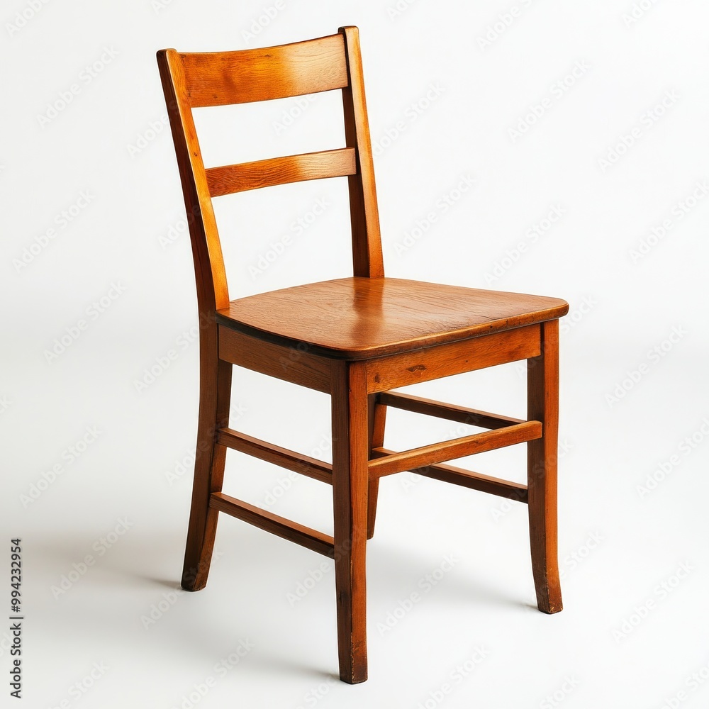 A solitary wooden dining chair exudes warmth and craftsmanship on a pristine backdrop