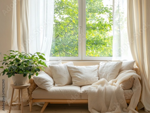 With white cushions and cream colored blankets on white sofas, a Scandinavian style interior design with soft pastel colors. Generative stock has been used to create this living room interior design.