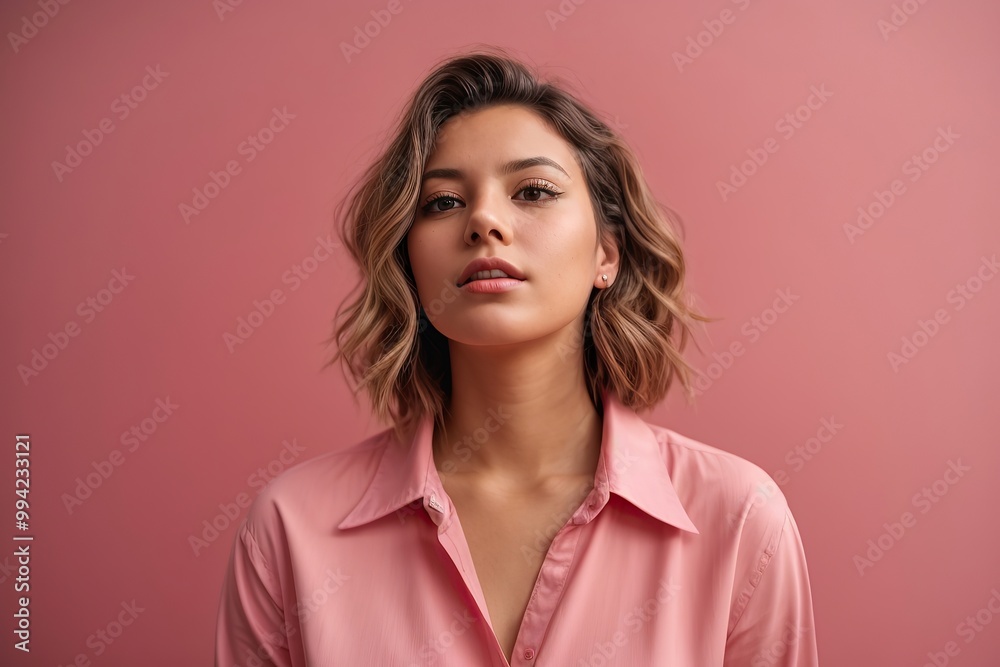 Portrait of a young woman in pink shirt thinking pink background Portrait of a young woman in pink shirt thinking pink background