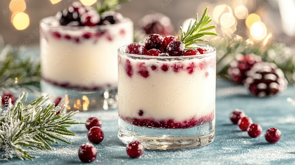 Close-up of dessert in glass with cranberry toppings on table with Christmas lights background Close-up of dessert in glass with cranberry toppings on table with Christmas lights background